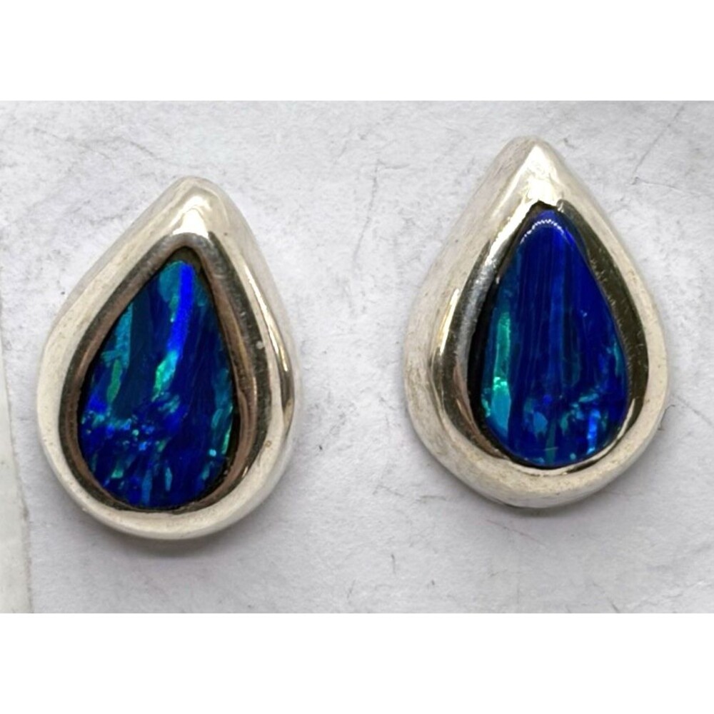 Blue Opal Teardrop Stud Earrings Sterling Silver 925 Vintage Style